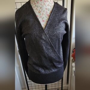 NWT Ann Taylor Black Metallic Wrap V-Neck Sweatertsylor Size Medium